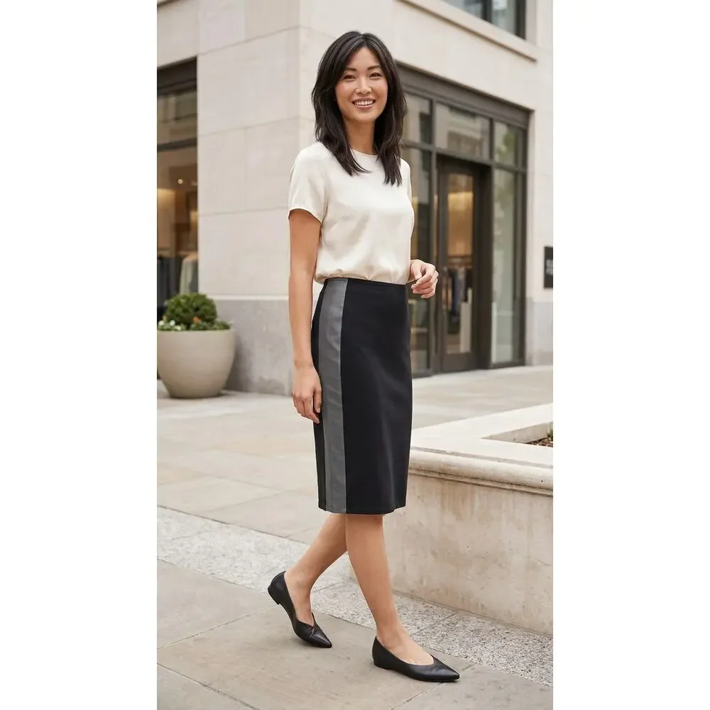 Eileen Fisher Leather Knit Pencil Knee Length Stretch Skirt Women Size L